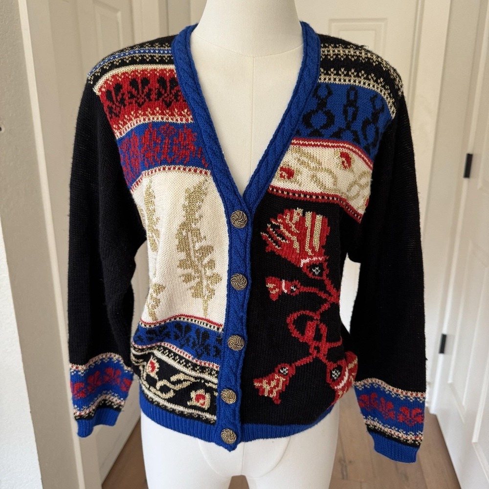Carole Little Knitwear Petites Vintage Cardigan Sweater Coloful Artsy Holiday